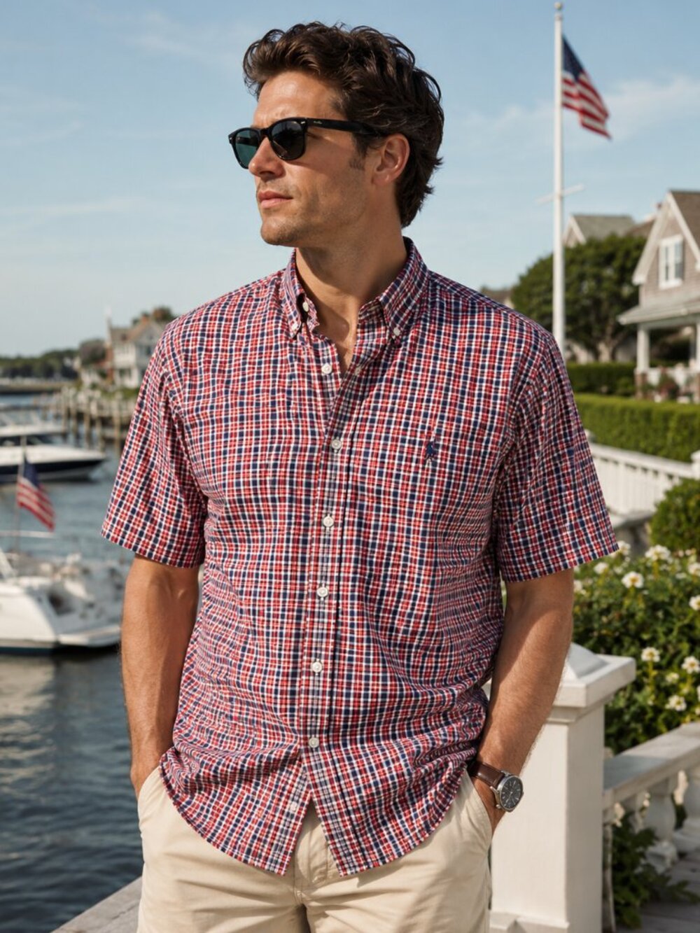 Vintage Polo Ralph Lauren Plaid Button Up Short Sleeve L Red Blue Made in Canada
